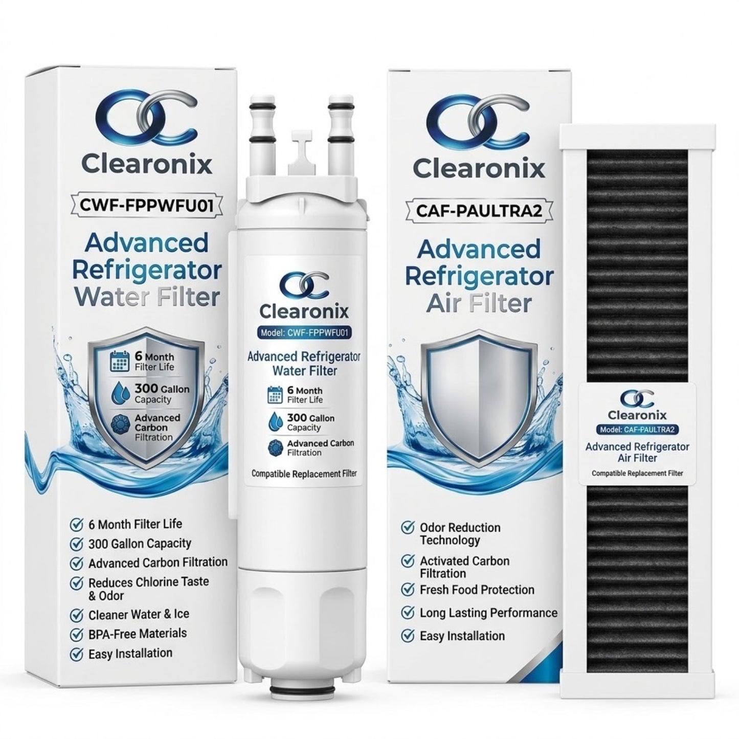 Clearonix CWF-FPPWFU01 Water Filter & CWF-PAULTRA2 Air Filter Combo Kit Compatible with Frigidaire PurePour PWF-1 (FPPWFU01) & PureAir Ultra II (PAULTRA2)