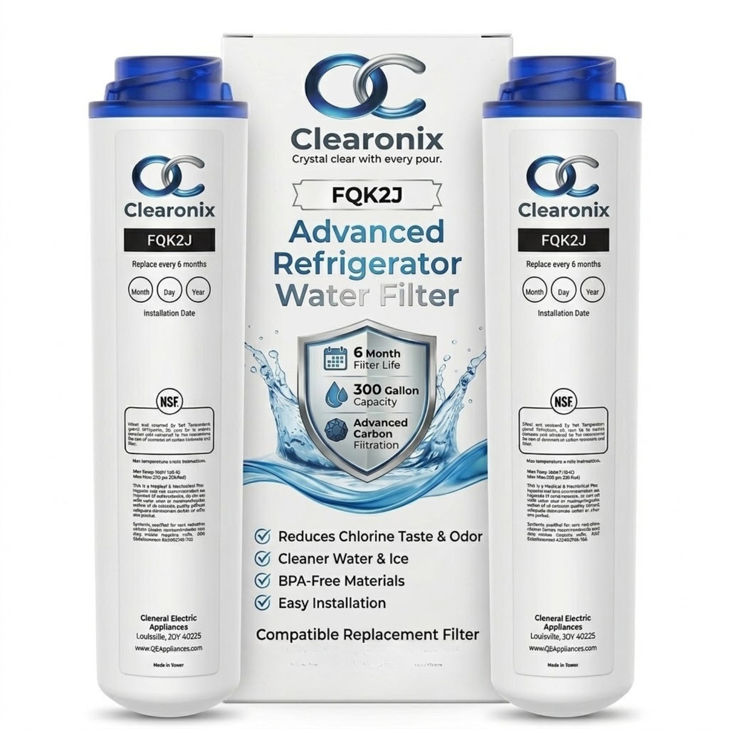 Clearonix CWF-FQK2J Water Filter Replacement Compatible with GE FQK2J, GXK285JBL, GXK295JNN, GXK285JCS – 2 Pack