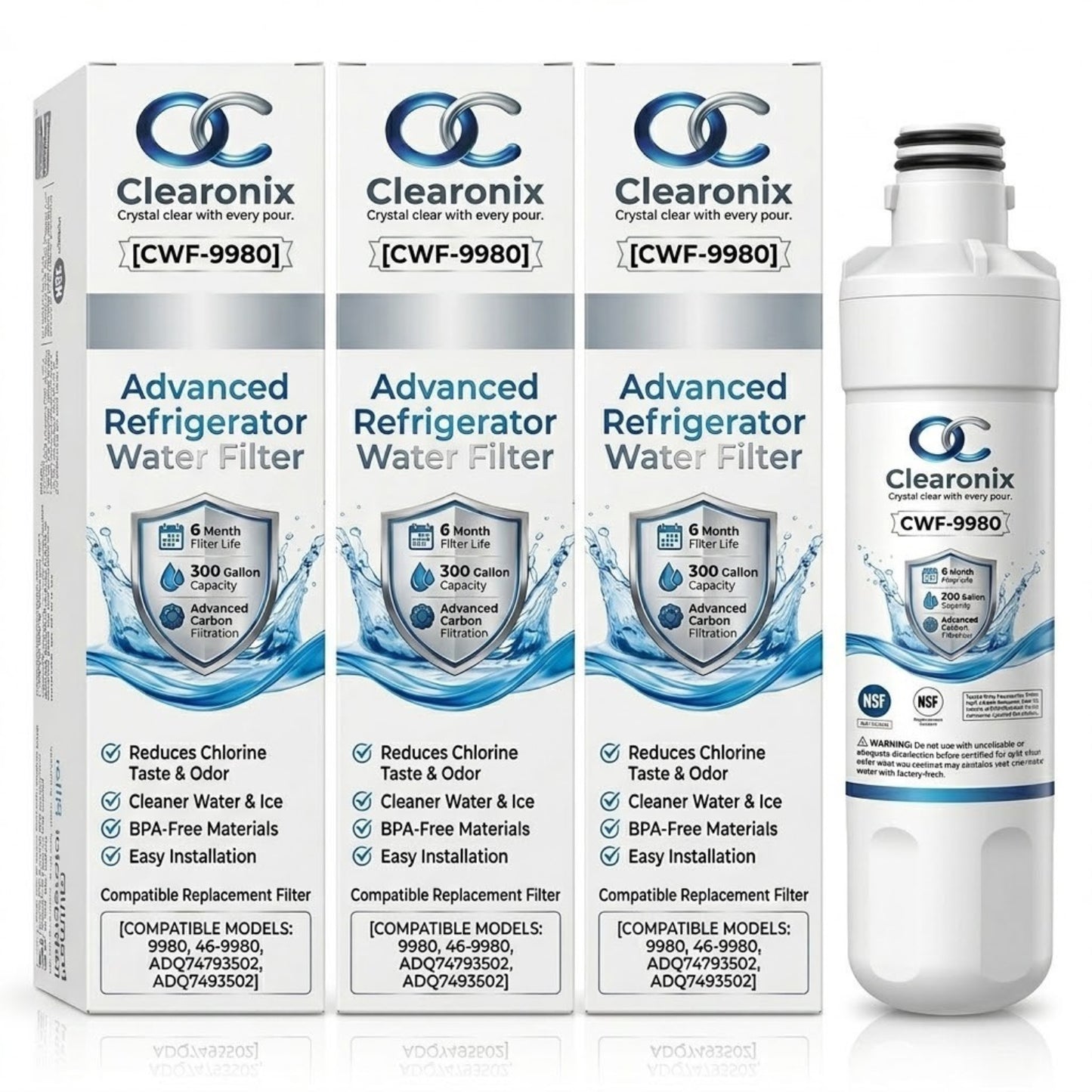 Clearonix CWF-9980 Refrigerator Water Filter Replacement Compatible with Kenmore 9980, 46-9980, LG LT1000P, ADQ74793501 – 3 Pack