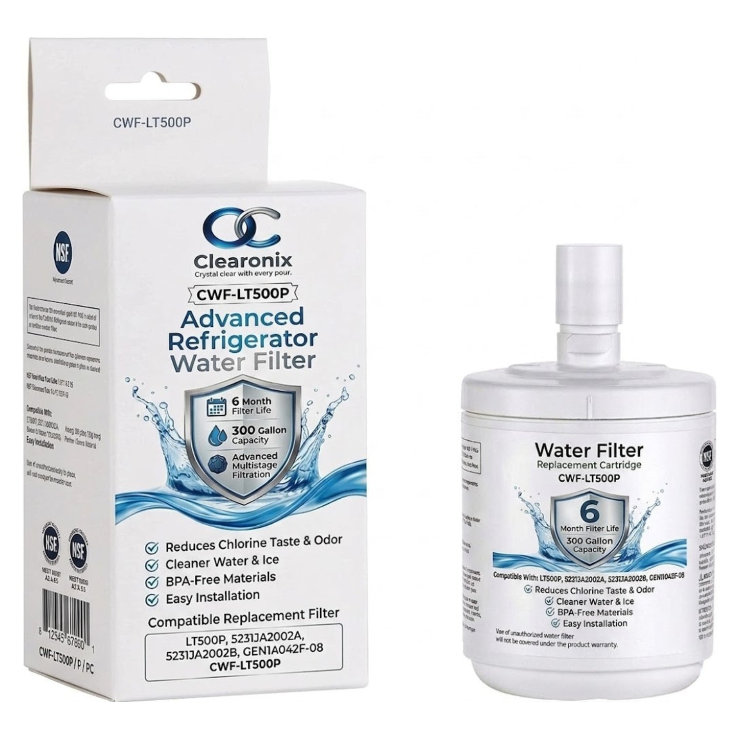 Clearonix CWF-LT500P Refrigerator Water Filter Replacement Compatible with LG LT500P, 5231JA2002A, 5231JA2002B, GEN11042FR-08