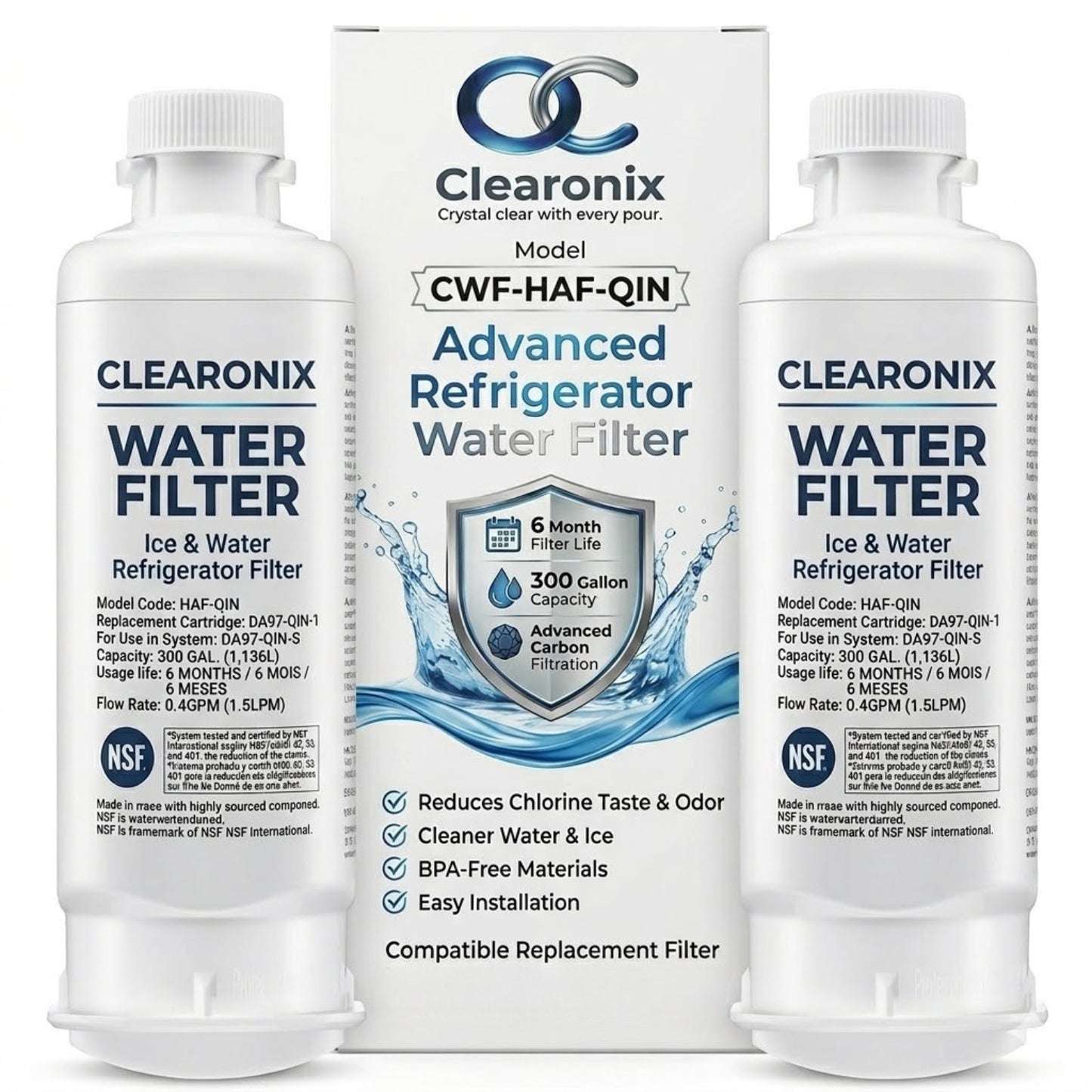 Clearonix CWF-HAF-QIN Refrigerator Water Filter Replacement Compatible with Samsung HAF-QIN/EXP, DA97-17376B, DA97-08006A-B – 2 Pack