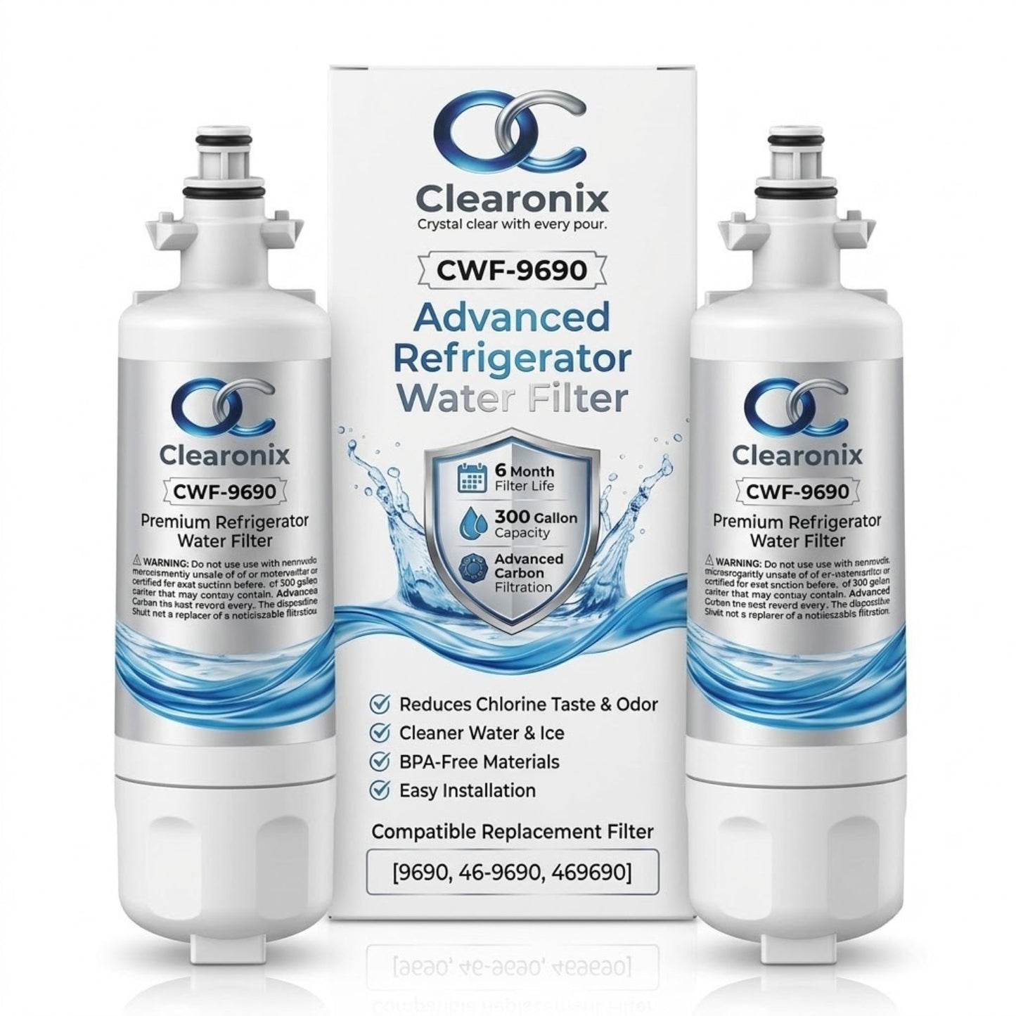 Clearonix CWF-9690 Refrigerator Water Filter Replacement Compatible with Kenmore 9690, 46-9690, LG LT700P, ADQ36006101 – 2 Pack