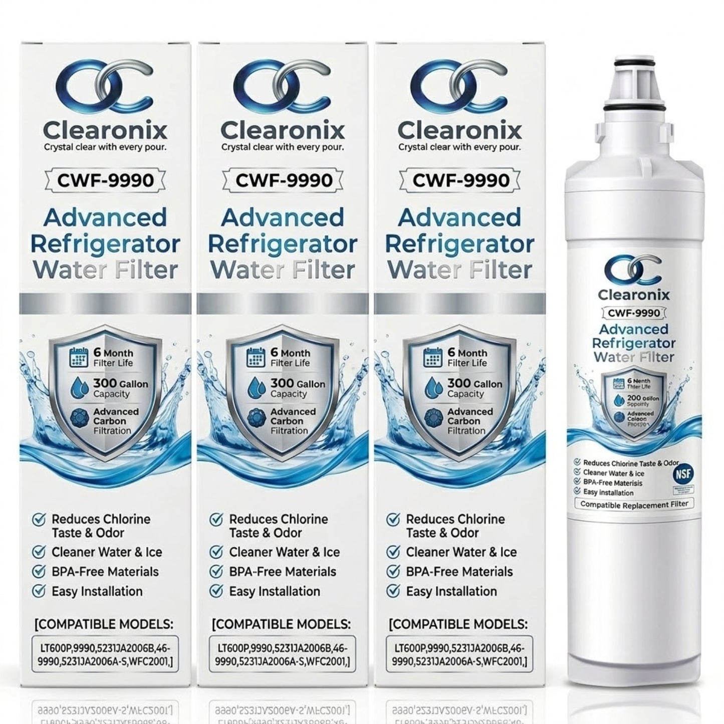 Clearonix CWF-9990 Refrigerator Water Filter Replacement Compatible with Kenmore 9990, 46-9990, LG LT600P, 5231JA2005A – 3 Pack